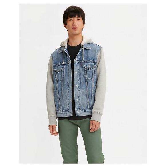 Levi’s Men’s Hybrid Hoodie Trucker Jacket Size S Blue Denim Streetwear Vibe Fall - Picture 1 of 11